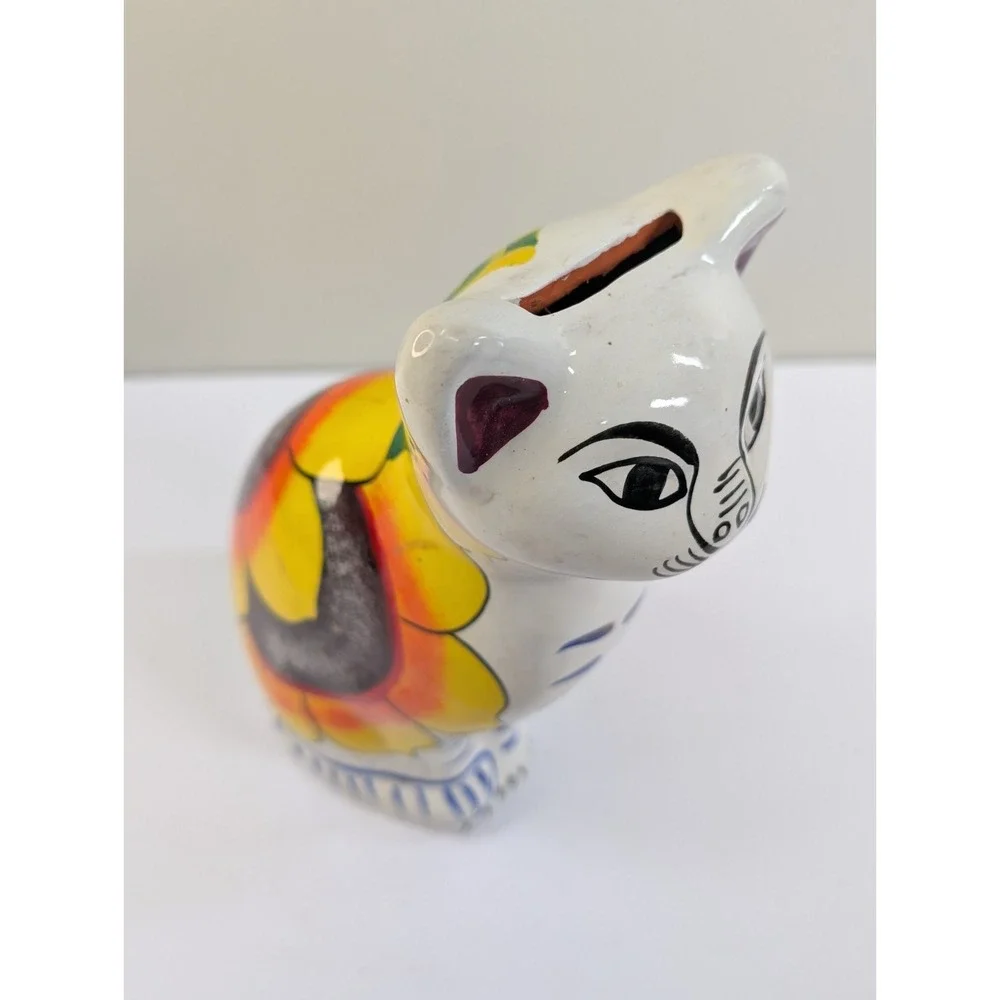 Vintage 80s Folk Art Ceramic Cat Figure 8 1/2 In